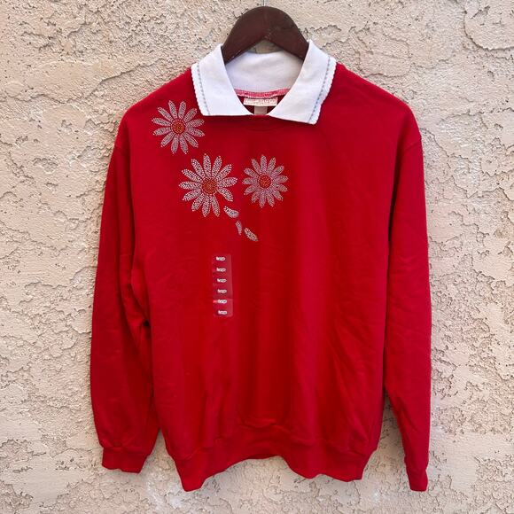 NWT Topstitch Red Sweatshirt Daisy Embroidered Collar Size L - Picture 1 of 4